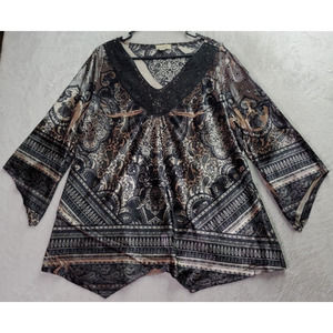 One‎ World Blouse Top Womens Size 1X Tan Gray Paisley Velvet Long Sleeve V Neck.